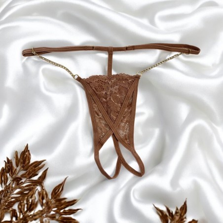 String en dentelle taupe ouvert avec chaînes dorées 