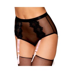 Culotte en résille et dentelle noire avec jarretelles roses 