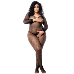 Combinaison grande taille manches longues en résille noire - MAL1102XBLK