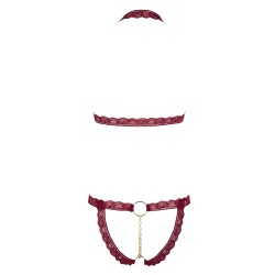 Soutien-gorge ouvert et string rouge à larges bandes sexy 