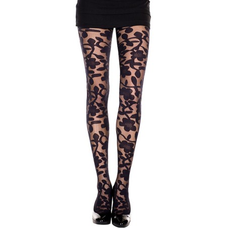 Collant noir imprimé floral 