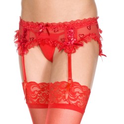 Porte-jarretelles rouge maille et dentelle avec petits coeurs 